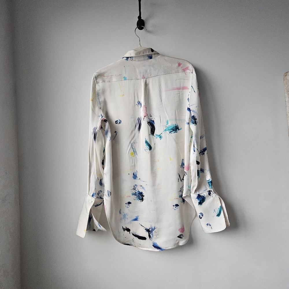 Kerri Rosenthal Silver White Paint Splatter Long Cuff Sleeve Button Down Blouse - Picture 3 of 14